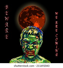 Angry zombie with dark background and red full moon-Halloween concept