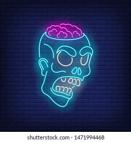 Angry zombie head neon sign. Halloween, monster, horror design. Night bright neon sign, colorful billboard, light banner. Vector illustration in neon style.