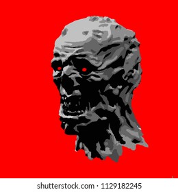 Angry zombie head. Red background. Vector illustration.