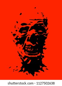Angry zombie head. Vector illustration. Red background.