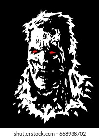 Angry zombie head. Vector illustration. Black and white colors.
