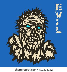 Angry zombie monster face. Horror image. Vector illustration. Genre of horror. Scary character evil head.