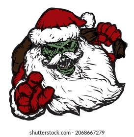 angry zombie santa claus with a Christmas bag vector illustration