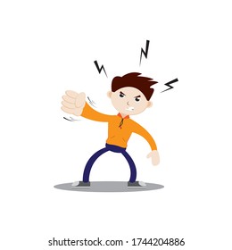 Angry-faced boy punching. Wearing an orange jacket, navy blue pants and sneakers. Flat character illustration isolated on white background.