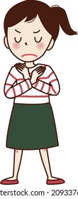An angry-faced young woman in a "x" pose.