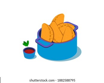 Angu Pastel (corn pastel), traditional brazilian mineira food. Accompanying pepper jelly and a leaf coriander. Pastry. Brazilian cuisine.