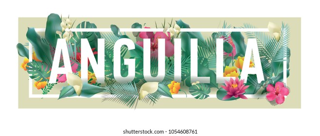 Anguilla City Typographic Floral Framed Vector Card Design
