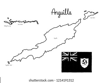 Anguilla Country Map Flag Vector Illustration Hand Drawn Cartoon Art