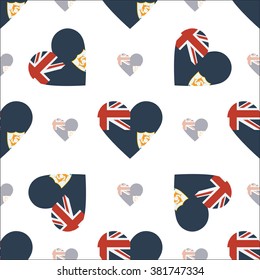 Anguilla flag heart seamless pattern. Patriotic Anguilla flag background. Country flag in the shape of heart. Vector seamless pattern.