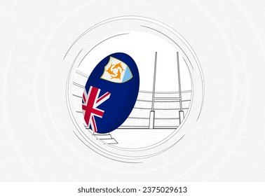 Anguilla flag on rugby ball, lined circle rugby icon with ball in a crowded stadium. Vector sport emblem on abstract background.