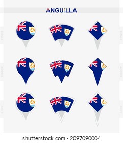 Bandera de Anguila, conjunto de iconos del pin de la ubicación de la bandera de Anguila. Ilustración vectorial de los símbolos nacionales.