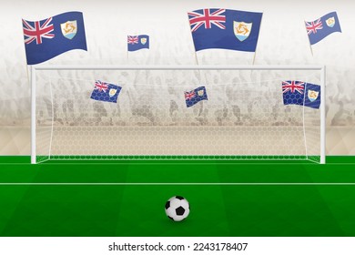 Anguilla football team fans with flags of Anguilla cheering on stadium, penalty kick concept in a soccer match. Sports vector illustration.
