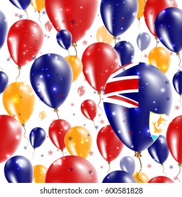 Anguilla Independence Day Seamless Pattern. Flying Rubber Balloons in Colors of the Anguillian Flag. Happy Anguilla Day Patriotic Card with Balloons, Stars and Sparkles.
