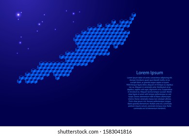 Anguilla map from 3D blue cubes isometric abstract concept, square pattern, angular geometric shape, glowing stars. Vector illustration.
