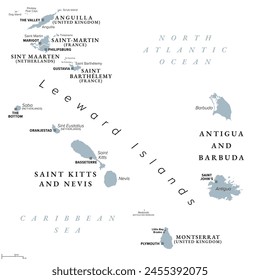 From Anguilla to Montserrat, gray political map. Caribbean islands, part of Leeward Islands and Lesser Antilles. Anguilla, Saint Martin, Saint Kitts and Nevis, Antigua and Barbuda, and Montserrat.