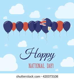 Anguilla National Day Flat Patriotic Poster. Row of Balloons in Colors of the Anguillian flag. Happy National Day Anguilla Card with Flags, Balloons, Clouds and Sky.