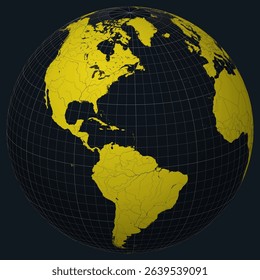 Anguilla on a globe. Country view on the world map in a charcoal and bright yellow color palette. Anguilla's shape on the map with meridians, parallels, countries, rivers, and lakes.