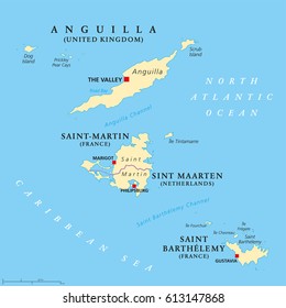 Anguilla, Saint Martin and Saint Barthelemy political map. Islands in the Caribbean, part of Leeward Islands and Lesser Antilles. Illustration. English labeling. Vector.