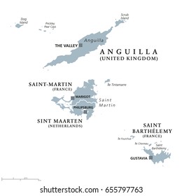 Anguilla, Saint-Martin, Sint Maarten and Saint Barthelemy political map. Islands in the Caribbean, part of Leeward Islands and Lesser Antilles. Gray illustration over white. English labeling. Vector.