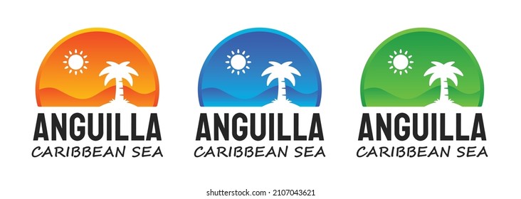 Anguilla vector design, logo print, typography with palm tree, sun and beach in round shape.