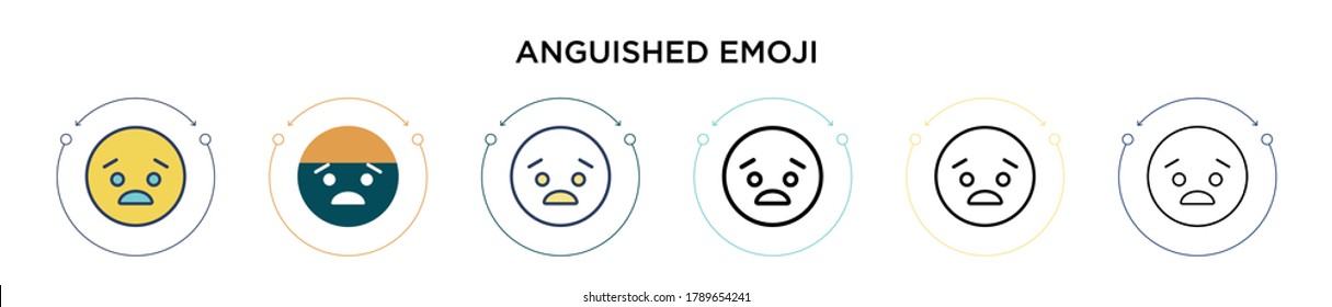 Icono de emoji angustiado en estilo relleno, delgado, contorno y trazo. Ilustración vectorial de dos iconos vectores de emoji de color y anguilado negro se puede utilizar para móviles, ui, web