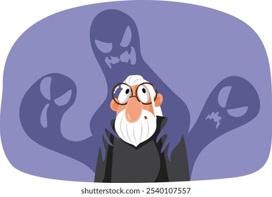 
Anguished Man Feeling Terrified Vector Cartoon Character. Elderly person suffering from a neurological condition hallucinating 
