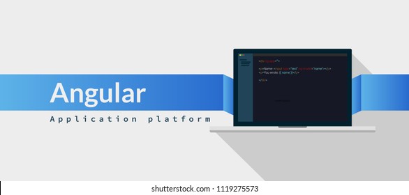 Angular Application platform, javascript  programming language with script code on laptop screen, programming language code illustration