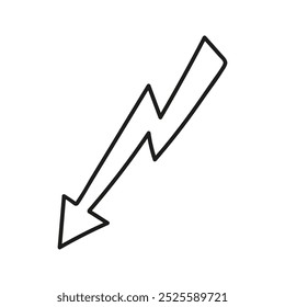 Seta angular em forma de raio rabiscar. Elemento desenhado à mão para navegação e apresentações.