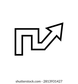 Angular arrow on zigzag path, conveying complexity and dynamic progression. Symbolizes challenges and eventual success. Clean outline graphic, ideal for representing business strategies, data analysis, or upward trends.