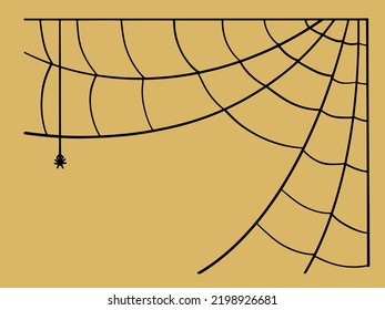 Angular autumn frame, black web with a small spider, Halloween, vector illustration on an orange background