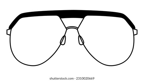 Angular Aviator frame glasses fashion accessory illustration. Sunglass front view for Men, women, unisex silhouette style, flat rim spectacles eyeglasses with lens sketch outline isolated on white
