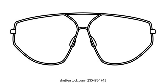 Angular Aviator frame glasses fashion accessory illustration. Sunglass front view for Men, women, unisex silhouette style, flat rim spectacles eyeglasses with lens sketch style outline isolated