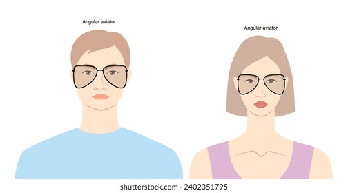 Angular Aviator frame glasses on women and men flat character fashion accessory illustration. Sunglass front view unisex style, rim spectacles eyeglasses with lens sketch outline isolated on white
