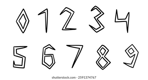 Angular black mathematical digits from 0 to 9 font collection set. Vector illustration in hand drawn doodle style isolated on white background. For birthday, learning, card, logo, sales, decorating.