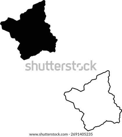 An angular black silhouette and its identical outline trace the form of a specific territorial map, presented clearly on a pure white surface.