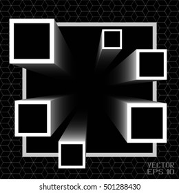 Angular Black and White Technological Background. Wall Construction. Square Blocks in Outlook. Cardboard Boxes Isolated on White Background. Vector. 3d Illustration