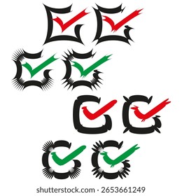 Angular checkbox icons. Spiky checkmarks. Red green choices. Vector edgy style. EPS 10.