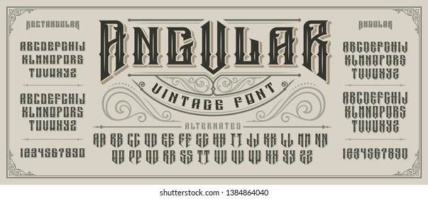 Angular display font with serifs and drop shadow in retro style. Perfect for alcohol labels, vintage tattoo logos, headlines and many other. All elements are on the separate layers.