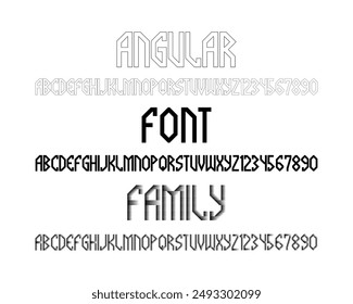 Angular font family. Alphabets and numbers in three similar styles.