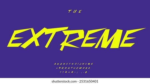 Angular font, sharp letters, bold energetic design for extreme sports branding, high-energy typography with jagged precision, action-packed sports and gaming designs. Vector typeset.