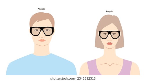 Angular frame glasses on women and men flat character fashion accessory illustration. Sunglass front view silhouette style, spectacles eyeglasses with lens sketch outline isolated on white background
