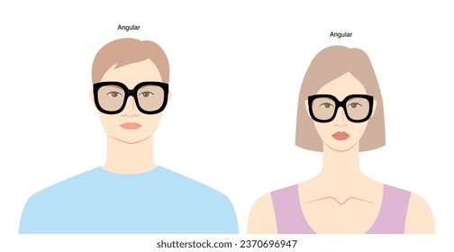 Angular frame glasses on women and men flat character fashion accessory illustration. Sunglass front view unisex silhouette style, rim spectacles eyeglasses with lens sketch outline isolated on white