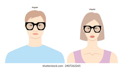 Angular frame glasses on women and men flat character fashion accessory illustration. Sunglass front view unisex silhouette style, spectacles eyeglasses with lens sketch isolated on white background