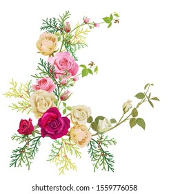 Angular frame: red, white, pink roses, thuja (arborvitae). Corner border for Christmas: flowers, buds, leaves, green twigs, cones on white background, digital draw, watercolor style, vector