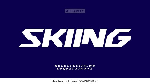 Winkelgeometrische Schrift, scharfe, abgewinkelte Buchstaben, dynamisch-sportliche Schrift für Renn- und Skisprung, kraftvolles Wintersport-Design, energisches Branding, Spielsport, Sportbekleidung. Vektortypensatz