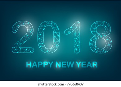 Angular mash line and point scales and spherical lines on a black background with 2018 Happy New Year. wire mesh wire mesh 3D and eps structure. Vector Illustration 10