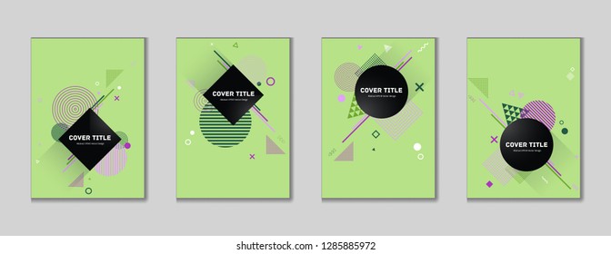 Angular memphis cover collection pattern with white, and geometrical shapes on background. Variegated first page cover kit. Colorful memphis style design for advertisement purpose.