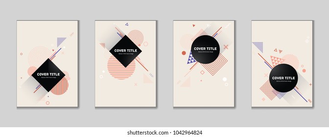 Angular memphis cover collection vector with white, violet and pink geometrical shapes on beige background. Variegated first page cover set. Colorful memphis style pattern for corporate purpose.