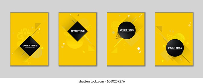 Angular memphis cover collection vector with white, brown and black geometrical shapes on yellow background. Variegated first page cover kit. Colorful memphis style vector for corporate purpose.
