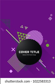 Angular memphis design placard pattern with white, pink, green and purple shapes on violet background. Cool memphis texture placard page. Front page background for school notebook, dairy or notepad.